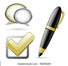 Dialog bubbles, Check mark and Pen. Signs for corporate website.