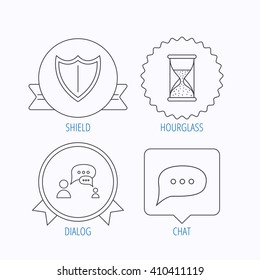 Dialog, chat speech bubbles and shield icons. Protection, hourglass linear signs. Award medal, star label and speech bubble designs. Vector