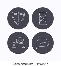 Dialog, chat speech bubbles and shield icons. Protection, hourglass linear signs. Flat icons in circle buttons on white background. Vector
