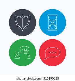 Dialog, chat speech bubbles and shield icons. Protection, hourglass linear signs. Linear icons on colored buttons. Flat web symbols. Vector