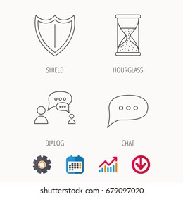 Dialog, chat speech bubbles and shield icons. Protection, hourglass linear signs. Calendar, Graph chart and Cogwheel signs. Download colored web icon. Vector