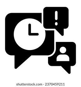 Diálogo con reloj, signo de exclamación y perfil de usuario icono sólido, concepto de educación en línea, signo de mensajería de gestión de tiempo en fondo blanco, icono de chat y comunicación en estilo glifo