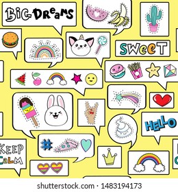 Dialog clouds with cat unicorn, bunny and sweets in kawaii style on a yellow background seamless pattern