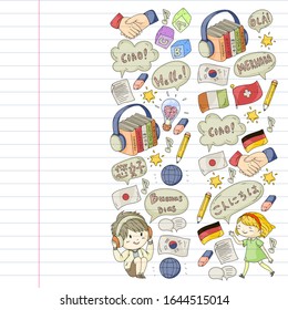 Dialog clouds with HELLO Vector pattern for language class, online courses. English, arabic, italian, japanese, spanish, chinese, german.