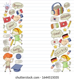 Dialog clouds with HELLO Vector pattern for language class, online courses. English, arabic, italian, japanese, spanish, chinese, german.