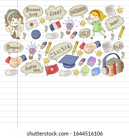 Dialog clouds with HELLO Vector pattern for language class, online courses. English, arabic, italian, japanese, spanish, chinese, german.