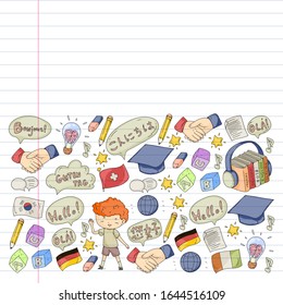 Dialog clouds with HELLO Vector pattern for language class, online courses. English, arabic, italian, japanese, spanish, chinese, german.