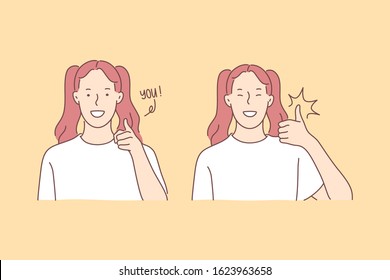 Dialog, communication, good mood concept. Appeal to companion, compliment, smiling female teen, interlocutress, young girl showing thumb up, cheerful facial expression. Simple flat vector