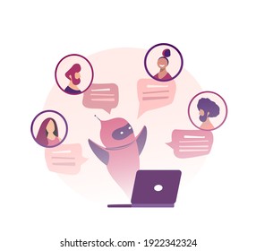 Dialog helping service Cyber Robot Internet users Chat with chatbot application Online Infrormation artificial Intelligence Chat bot and future marketing AI business IOT concept Flat Vector illustrati