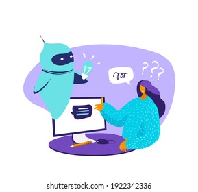 Dialog helping service Woman with questions. Chat with chatbot application Online Infrormation Artificial Intelligence Chat bot future. AI business Internet of things concept Flat Vector illustration