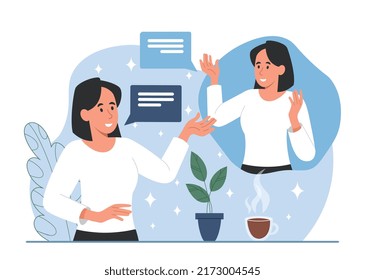 Dialog with herself. Metaphor of mental illness, bipolar disorder. Strange habits, communication and interaction. Inner voice, reflection and awareness concept. Cartoon flat vector illustration