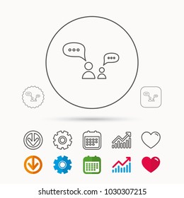 Dialog icon. Chat speech bubbles sign. Discussion messages symbol. Calendar, Graph chart and Cogwheel signs. Download and Heart love linear web icons. Vector