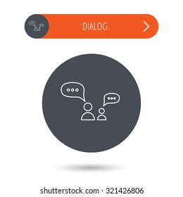 Dialog icon. Chat speech bubbles sign. Discussion messages symbol. Gray flat circle button. Orange button with arrow. Vector