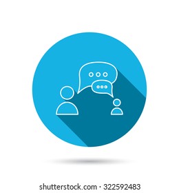 Dialog icon. Chat speech bubbles sign. Discussion messages symbol. Blue flat circle button with shadow. Vector