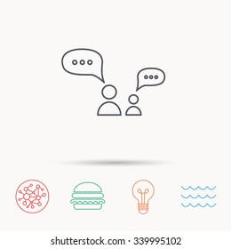 Dialog icon. Chat speech bubbles sign. Discussion messages symbol. Global connect network, ocean wave and burger icons. Lightbulb lamp symbol.