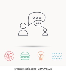 Dialog icon. Chat speech bubbles sign. Discussion messages symbol. Global connect network, ocean wave and burger icons. Lightbulb lamp symbol.