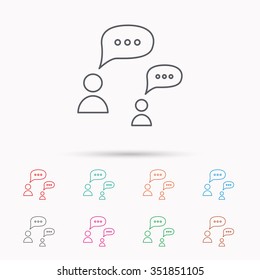Dialog icon. Chat speech bubbles sign. Discussion messages symbol. Linear icons on white background.