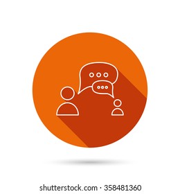 Dialog icon. Chat speech bubbles sign. Discussion messages symbol. Round orange web button with shadow.