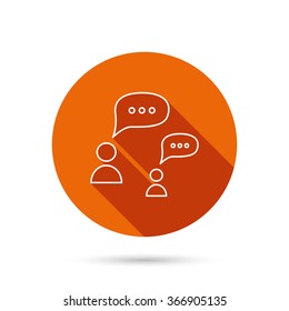 Dialog icon. Chat speech bubbles sign. Discussion messages symbol. Round orange web button with shadow.