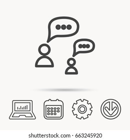 Dialog icon. Chat speech bubbles sign. Discussion messages symbol. Notebook, Calendar and Cogwheel signs. Download arrow web icon. Vector