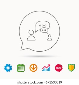 Dialog icon. Chat speech bubbles sign. Discussion messages symbol. Calendar, Graph chart and Cogwheel signs. Download and Shield web icons. Vector