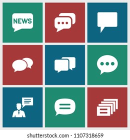 Dialog icon. collection of 9 dialog filled icons such as chat, man with chat bubblle. editable dialog icons for web and mobile.