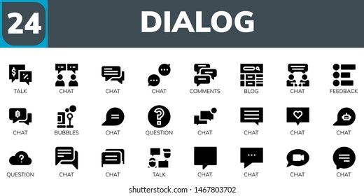 dialog icon set. 24 filled dialog icons.  Collection Of - Talk, Chat, Comments, Blog, Feedback, Bubbles, Question