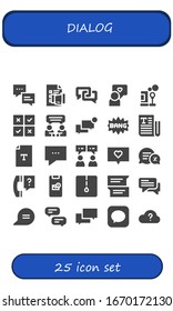 dialog icon set. 25 filled dialog icons. Included Chat, Discussion, Speech, Bubbles, Feedback, Comic, Text, Conversation, Question, Message icons