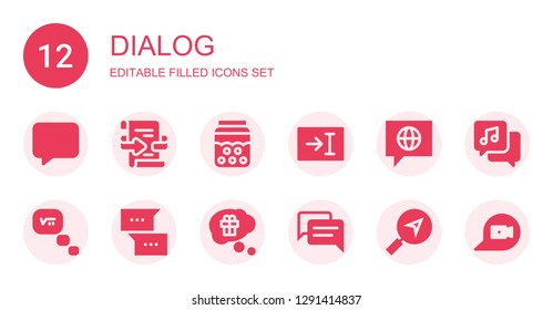 dialog icon set. Collection of 12 filled dialog icons included Message, Feedback, Bubble, Text, Chat, Thinking, Conversation