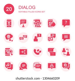 dialog icon set. Collection of 20 filled dialog icons included Chat, Feedback, Thinking, Question, Chat bubble, Chatting, Text, Conversation, Discussion