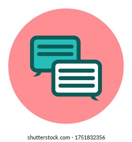 Icono de diálogo en la mensajería de texto. Dos burbujas de discursos con conversaciones. Ilustración circular vectorial sobre fondo blanco.
