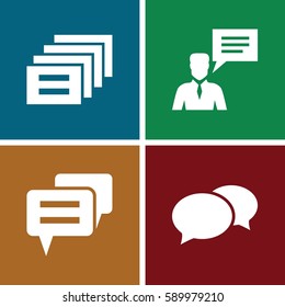dialog icons set. Set of 4 dialog filled icons such as chat, man with chat bubblle