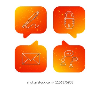 Dialog, mail envelope and open lock icons. Pen linear sign. Orange Speech bubbles with icons set. Soft color gradient chat symbols. Vector