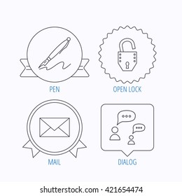 Dialog, mail envelope and open lock icons. Pen linear sign. Award medal, star label and speech bubble designs. Vector