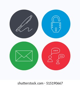 Dialog, mail envelope and open lock icons. Pen linear sign. Linear icons on colored buttons. Flat web symbols. Vector
