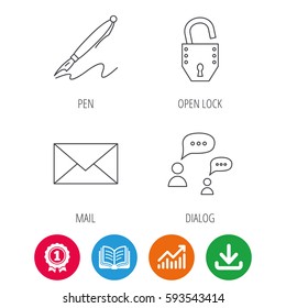 Dialog, mail envelope and open lock icons. Pen linear sign. Award medal, growth chart and opened book web icons. Download arrow. Vector