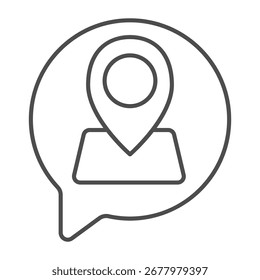 Cuadro emergente de diálogo con mapa y ubicación pin icono de línea delgada, concepto de Encuesta de viajero. Gráficos de Vector. Mensaje del viajero, señalización de la orientación en el fondo blanco, icono del estilo del contorno del móvil o del Diseño web