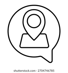 Cuadro emergente de diálogo con mapa y ubicación pin icono de línea delgada, concepto de Encuesta de viajero. Gráficos de Vector. Mensaje del viajero, señalización de la orientación en el fondo blanco, icono del estilo del contorno del móvil o del Diseño web