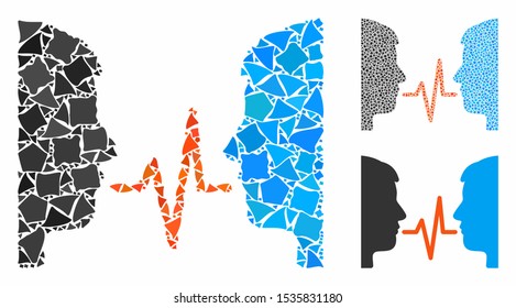 Dialog signal mosaic of rough parts in variable sizes and color tinges, based on dialog signal icon. Vector irregular parts are grouped into collage. Dialog signal icons collage with dotted pattern.