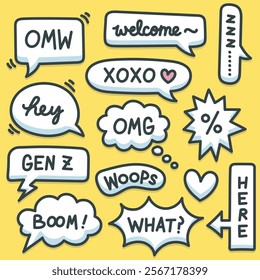 Dialog speech bubble collection set with editable stroke, white background and shade in hand drawing, comics, cute style