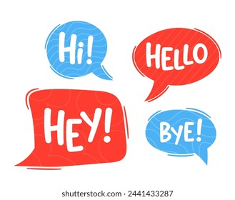 Dialog Speech Bubbles Or Clouds. Hi, Hey, Hello and Bye Blue or Red Graphic Containers Used In Comics and Cartoons