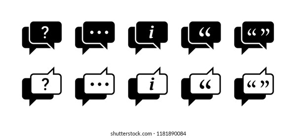 Dialog speech bubbles with icons of question, information, quotes, dots. Vector set