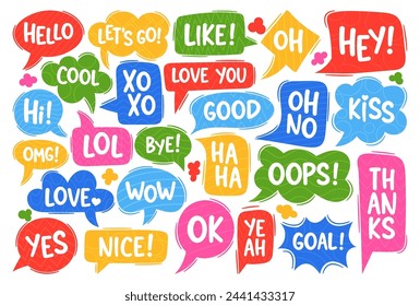 Dialog Speech Bubbles Vector Set. Hello, Lets Go, Like, Ho and Hey. Cool, Hi, Xo Xo and Love You. Good, Oh No, Kiss