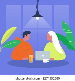 Dialog. Two characters sitting at the table. Office. Cafe. Millennials at work. Business meeting. Date. Flat editable vector illustration, clip art