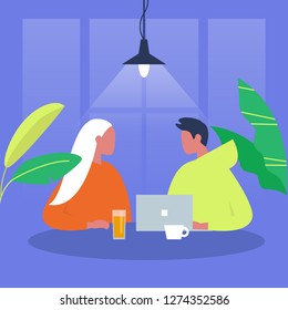 Dialog. Two characters sitting at the table. Office. Cafe. Millennials at work. Business meeting. Date. Flat editable vector illustration, clip art