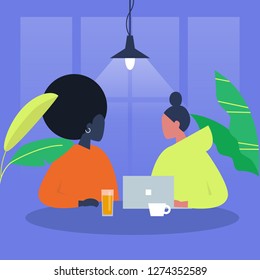 Dialog. Two characters sitting at the table. Office. Cafe. Millennials at work. Business meeting. Date. Flat editable vector illustration, clip art