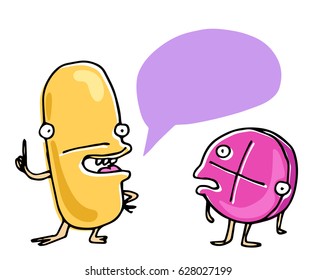 Dialog of two colorful tablets with speech bubble. Yellow and pink cartoon Capsules pills  talk. Vector illustration for kids. 