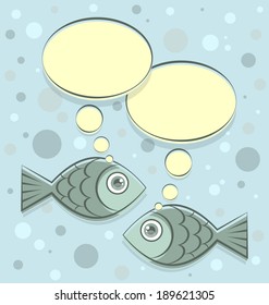 Dialog of two fishes on bubbly background in retro style