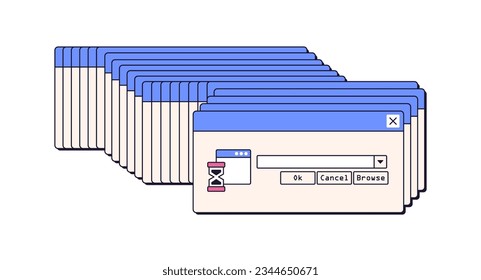 Dialog windows, error on crashed froze computer. 00s retro virus, problem, bug with repeated endless popups, system notifications. Flat graphic vector illustration isolated on white background