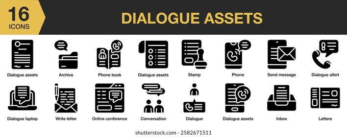 Dialogue Assets solid icon set. Includes stamp, send, inbox, alert, phone, and More. Solid icons vector collection.